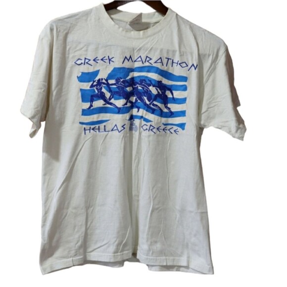 B & C European Style Greek Marathon Hellas Greece White Tshirt Medium - Picture 1 of 9